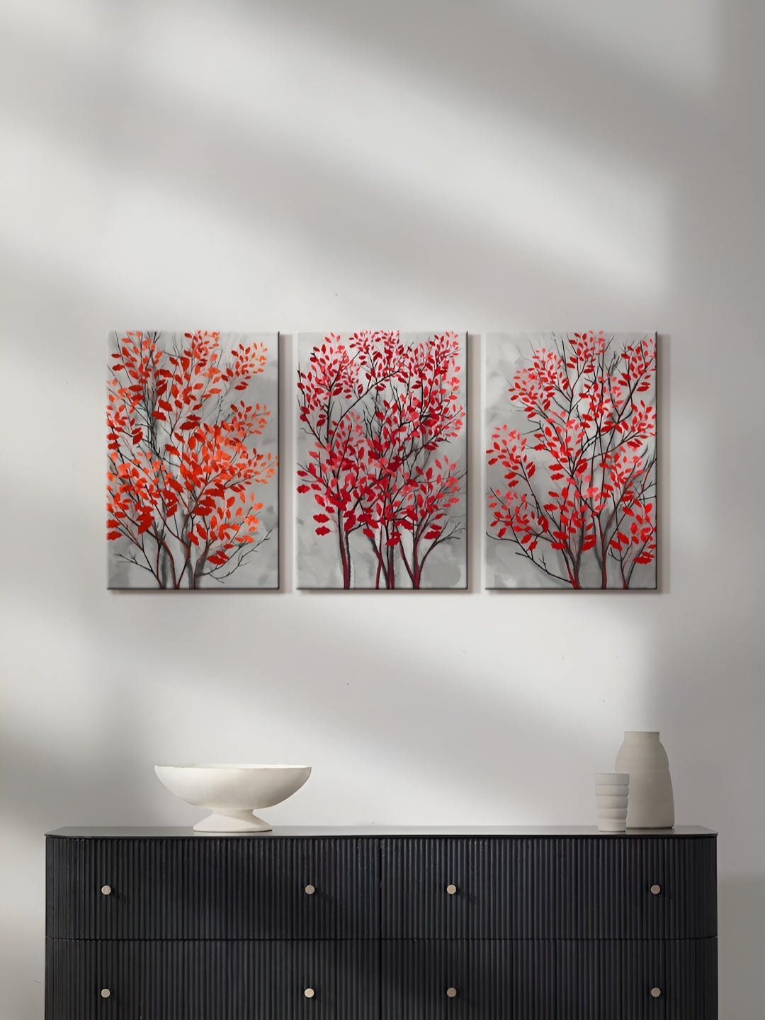 

999Store Grey & Red 3 Piece Canvas Floral and Botanical Wall Art Paintings