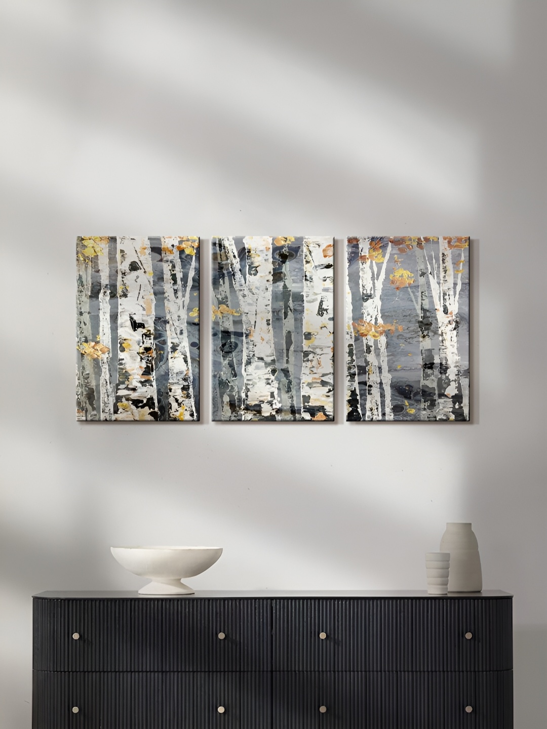 

999Store Grey & White 3 Pieces Canvas Floral and Botanical Wall Paintings