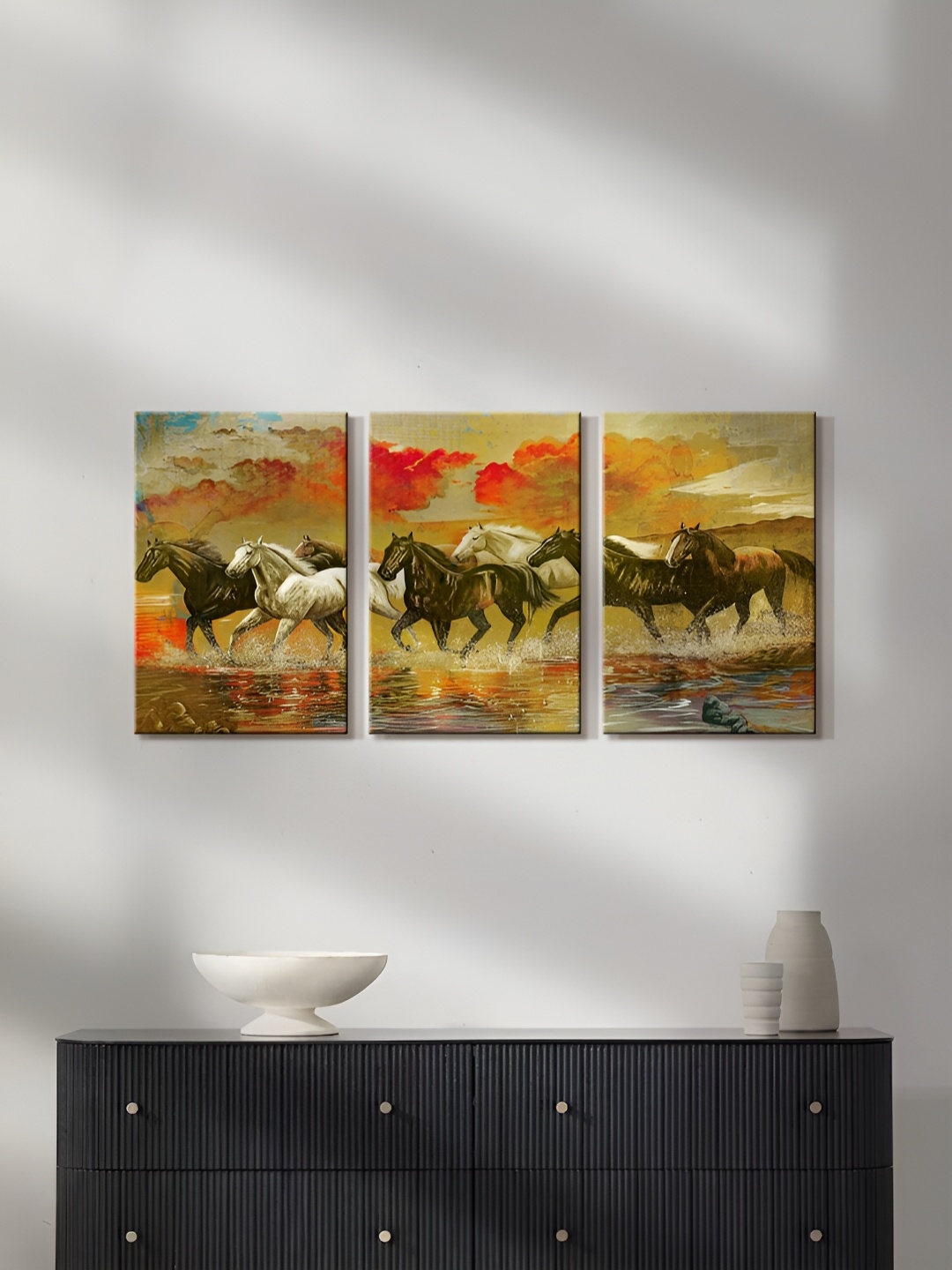 

999Store Yellow & Red 3 Piece Canvas Birds and Animals Wall Paintings