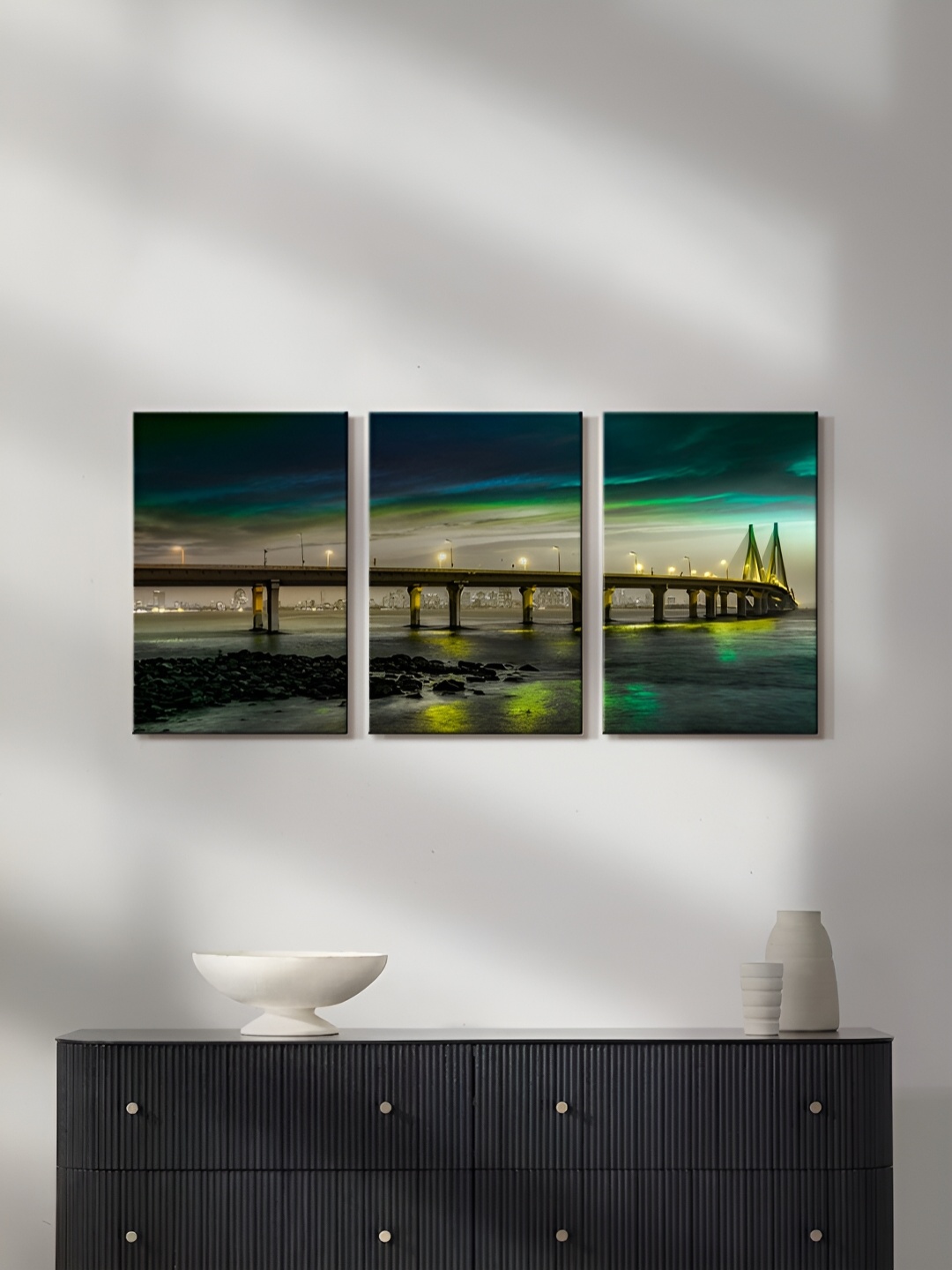 

999Store Grey & Green 3 Pieces Long bridge Painting Wall Arts