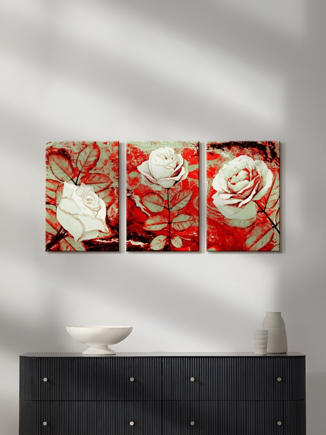 

999Store Red & White 3Pcs Canvas Floral And Botanical Wall Paintings