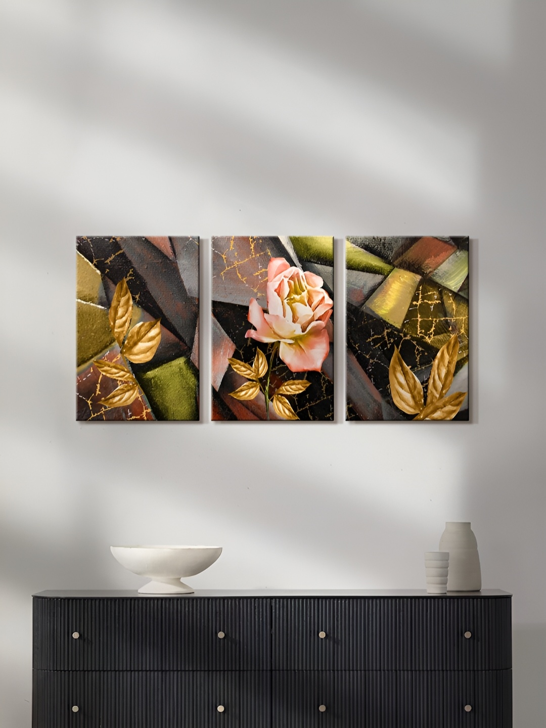 

999Store Gold-Toned & Brown 3Pcs Canvas Floral And Botanical Wall Paintings