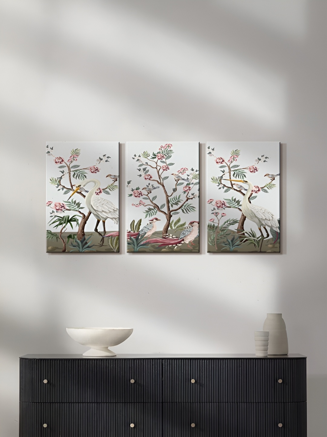 

999Store Grey & Pink 3 Pieces Floral and Botanical Canvas Wall Art Paintings