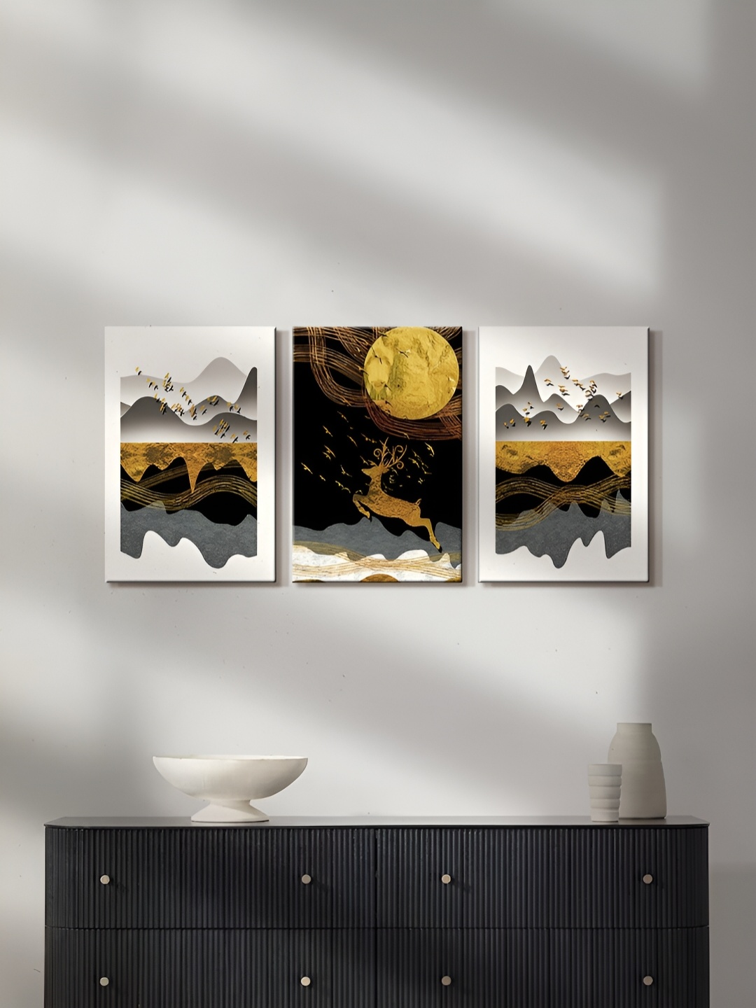 

999Store Gold-Toned & White 3 Pieces Canvas Painting Wall Art