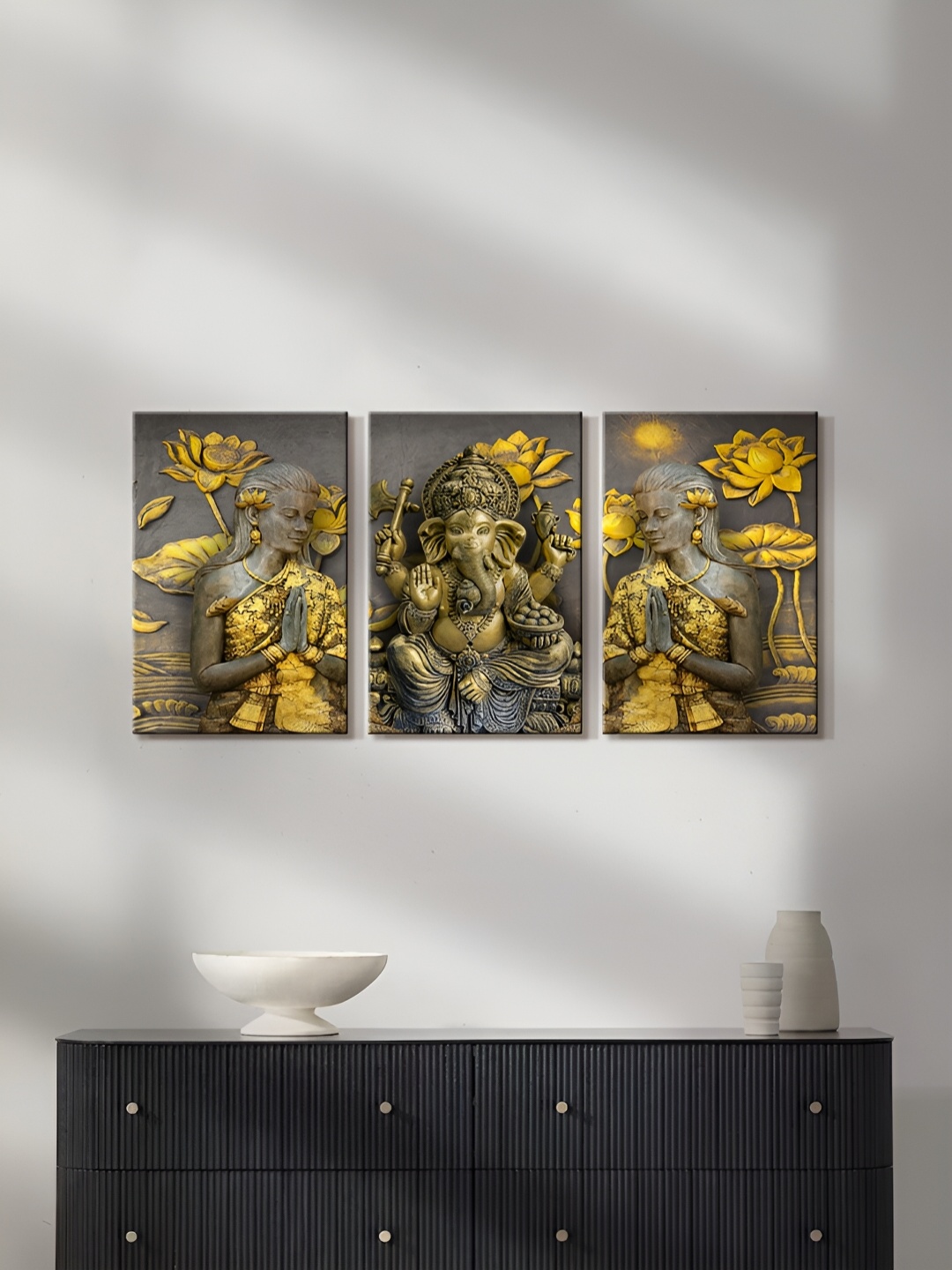 

999Store Gold-Toned & Yellow 3 Pieces Canvas Religious Painting Wall Arts