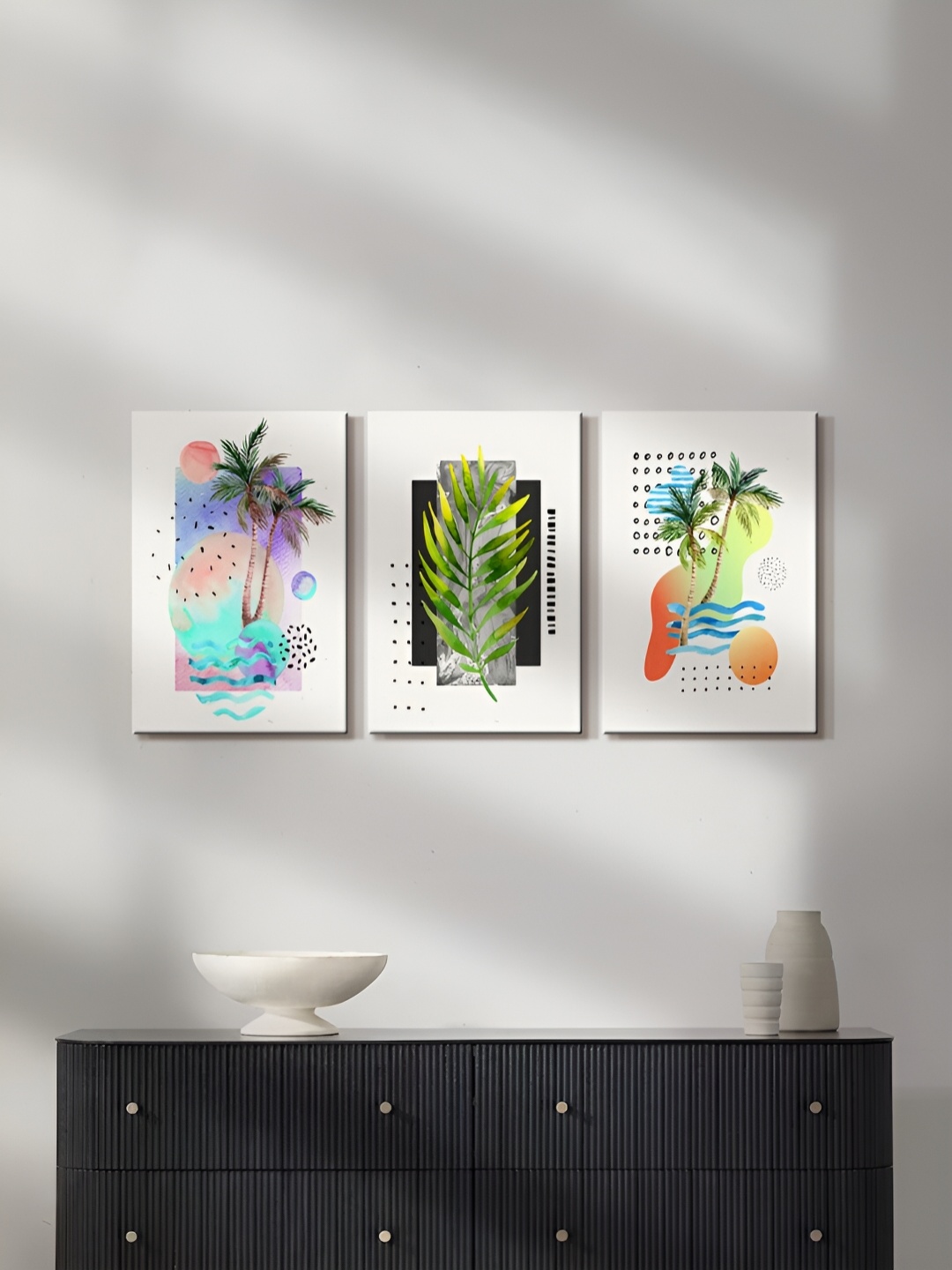 

999Store White & Green 3 Pieces Floral Canvas Painting Wall Arts