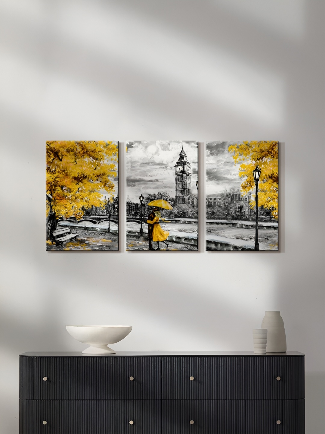 

999Store Grey & Yellow 3 Pieces Canvas Painting Wall Arts