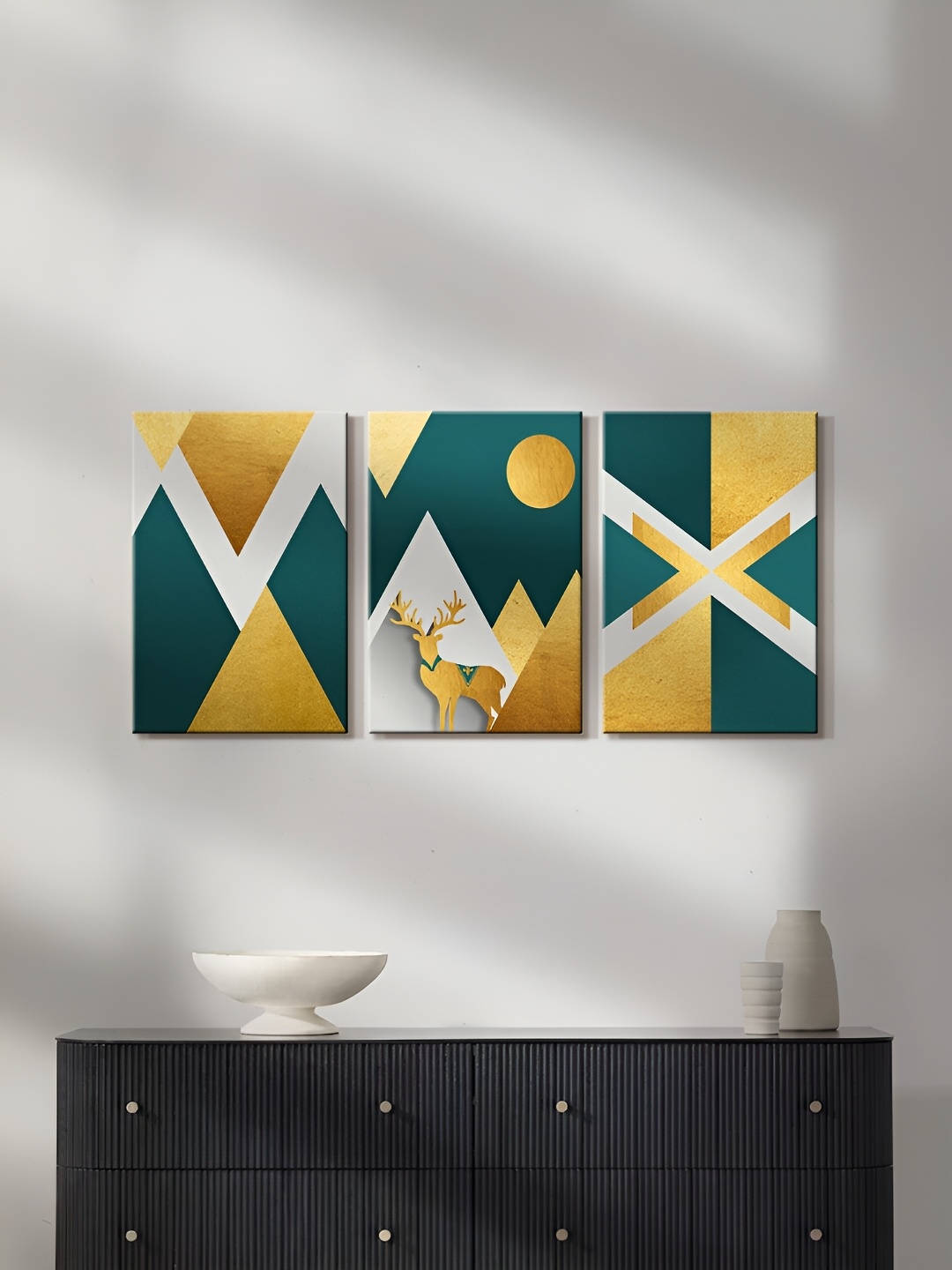 

999Store Gold-Toned & Teal Green 3 Pieces Abstract Canvas Wall Arts