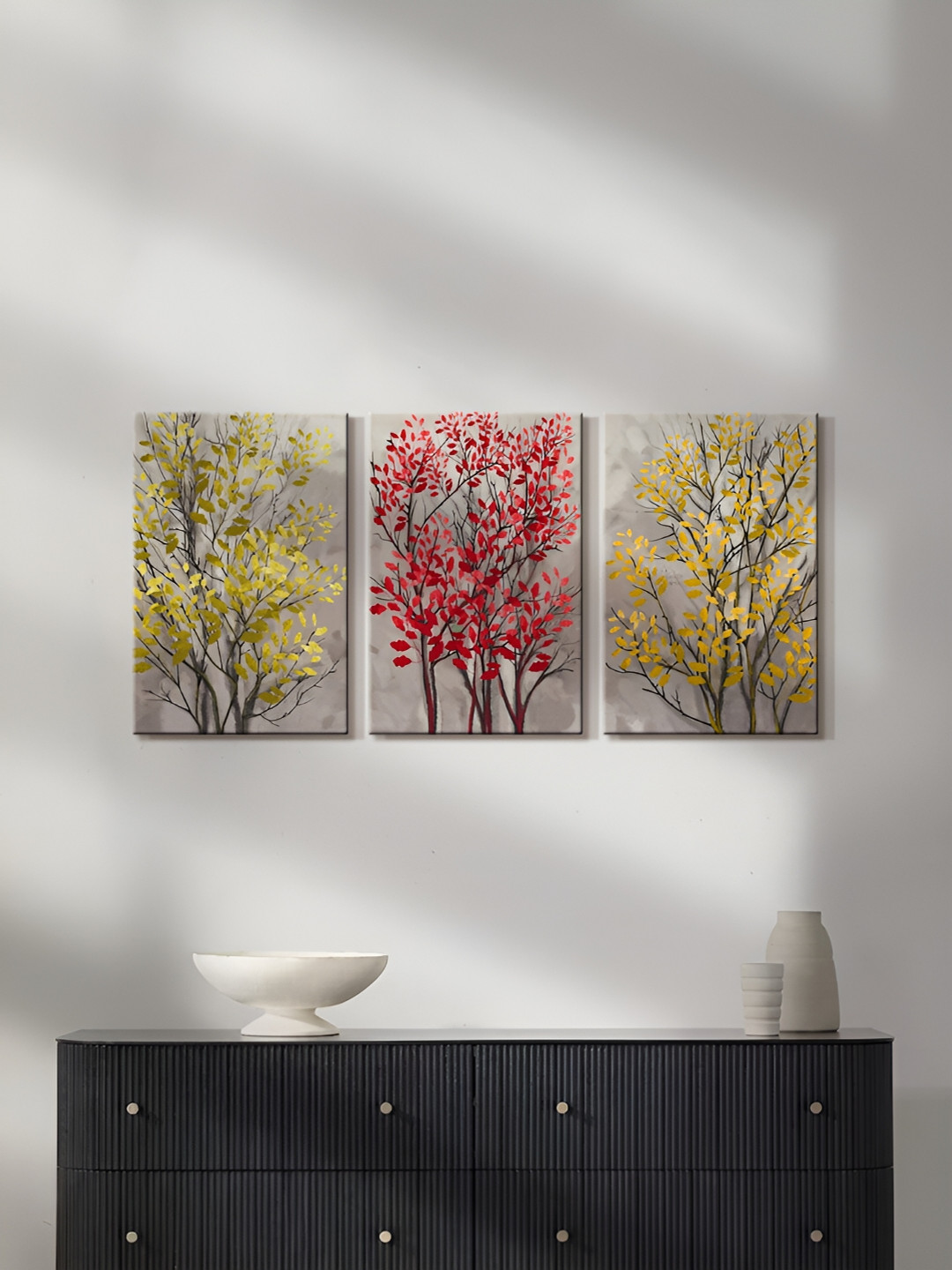 

999Store Grey & Red 3 Pieces Floral & Botanical Canvas Wall Arts