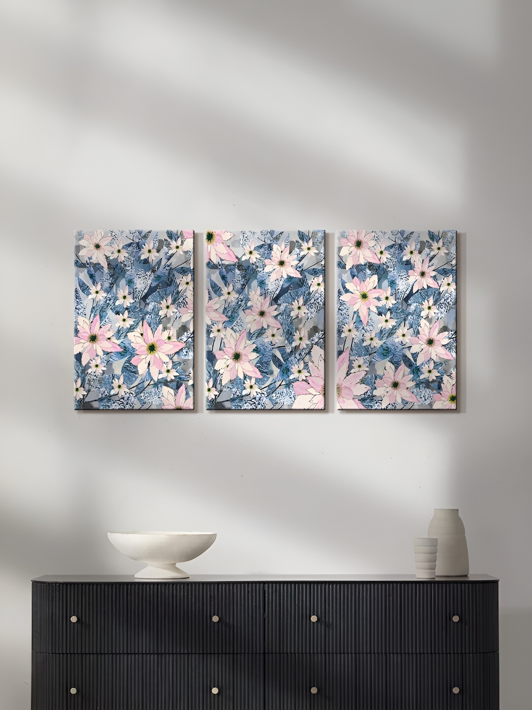 

999Store Blue & Pink 3Pcs Canvas Floral And Botanical Wall Paintings