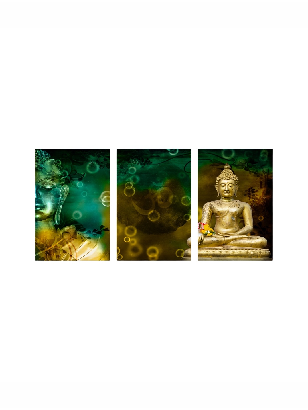 

999Store Blue & Green 3 Pieces Canvas Golden Buddha Meditating Wall Paintings
