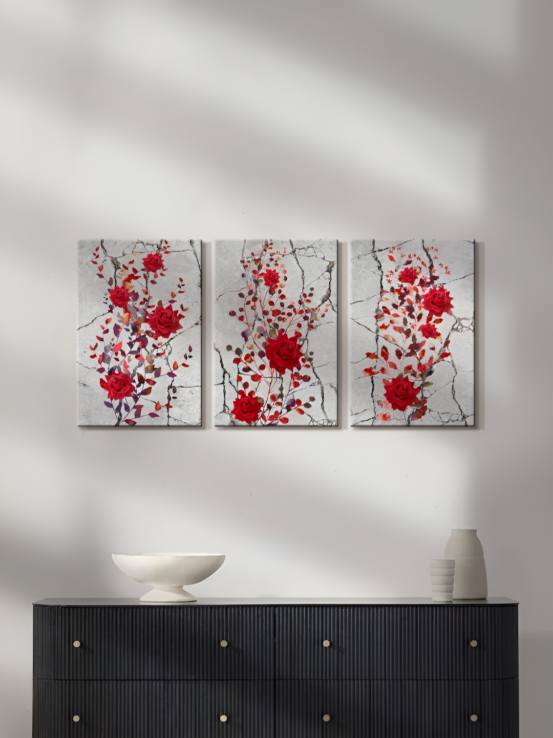 

999Store Grey & Red 3 Pieces Canvas Floral Wall Arts