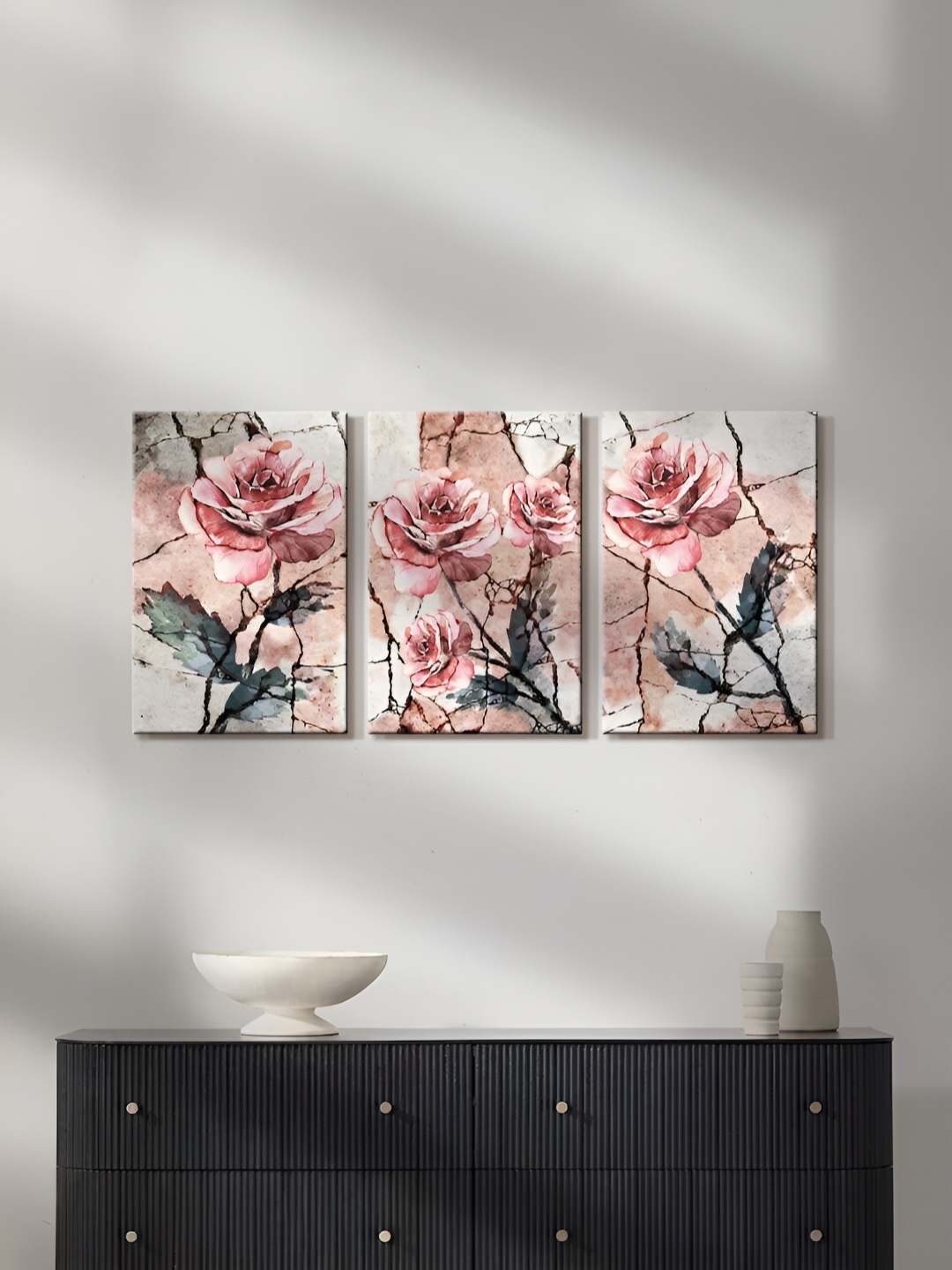 

999Store Brown & Pink 3 Pieces Floral And Botanical Canvas Painting Wall Arts