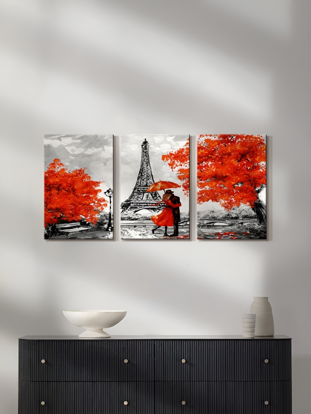 

999Store Grey & Red 3 Piece Canvas Floral and Botanical Painting Wall Art
