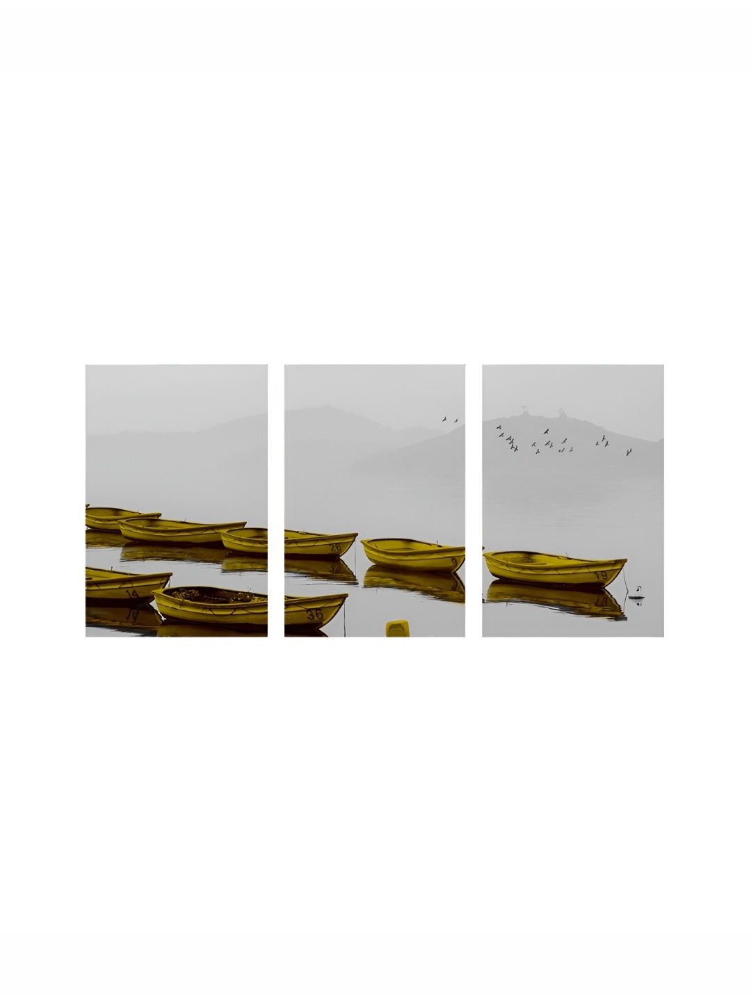 

999Store Grey & Olive Green 3 Pieces Canvas Boat On The Beach Wall Paintings