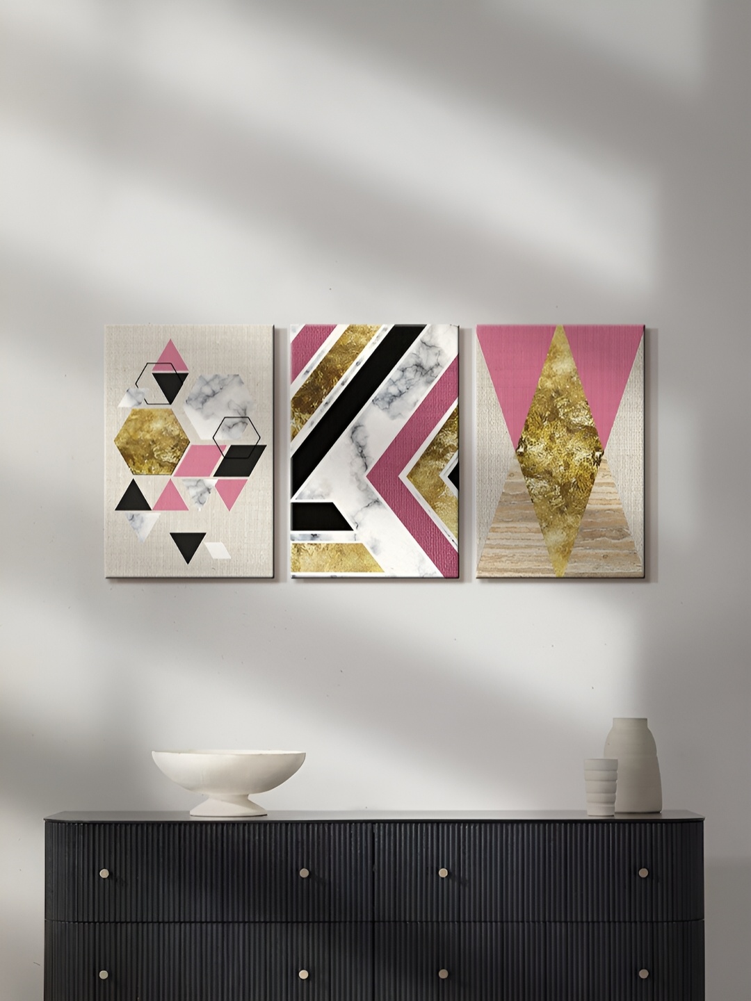 

999Store White & Pink 3 Pieces Canvas Abstract Paintings Wall Art