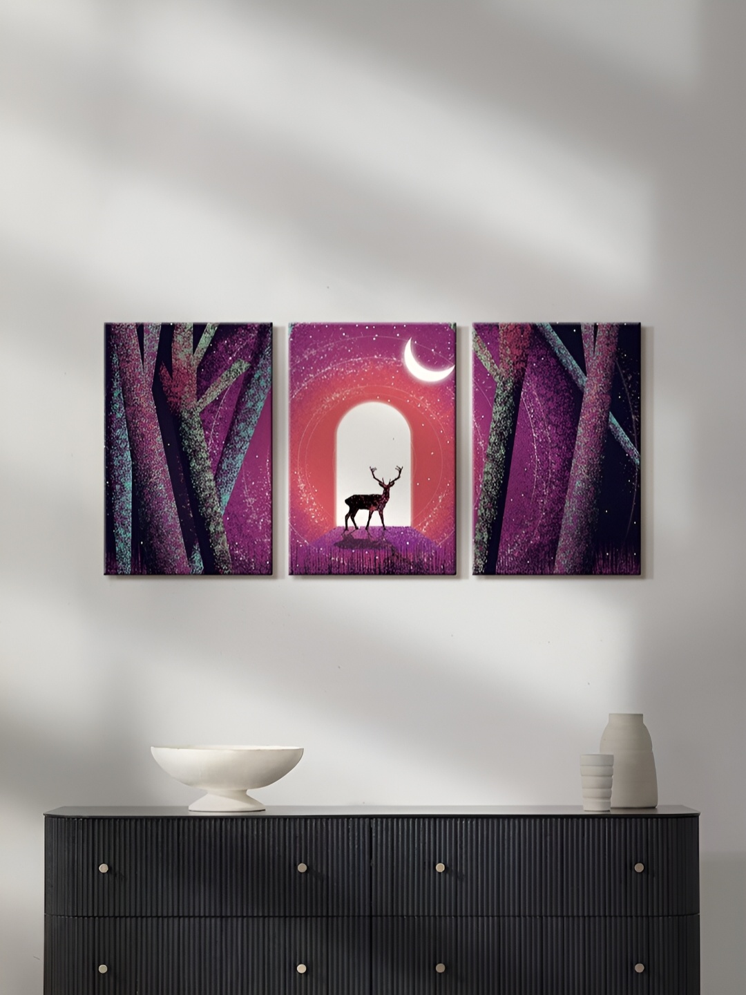 

999Store Purple & Green 3Pcs Canvas Birds And Animals Wall Paintings