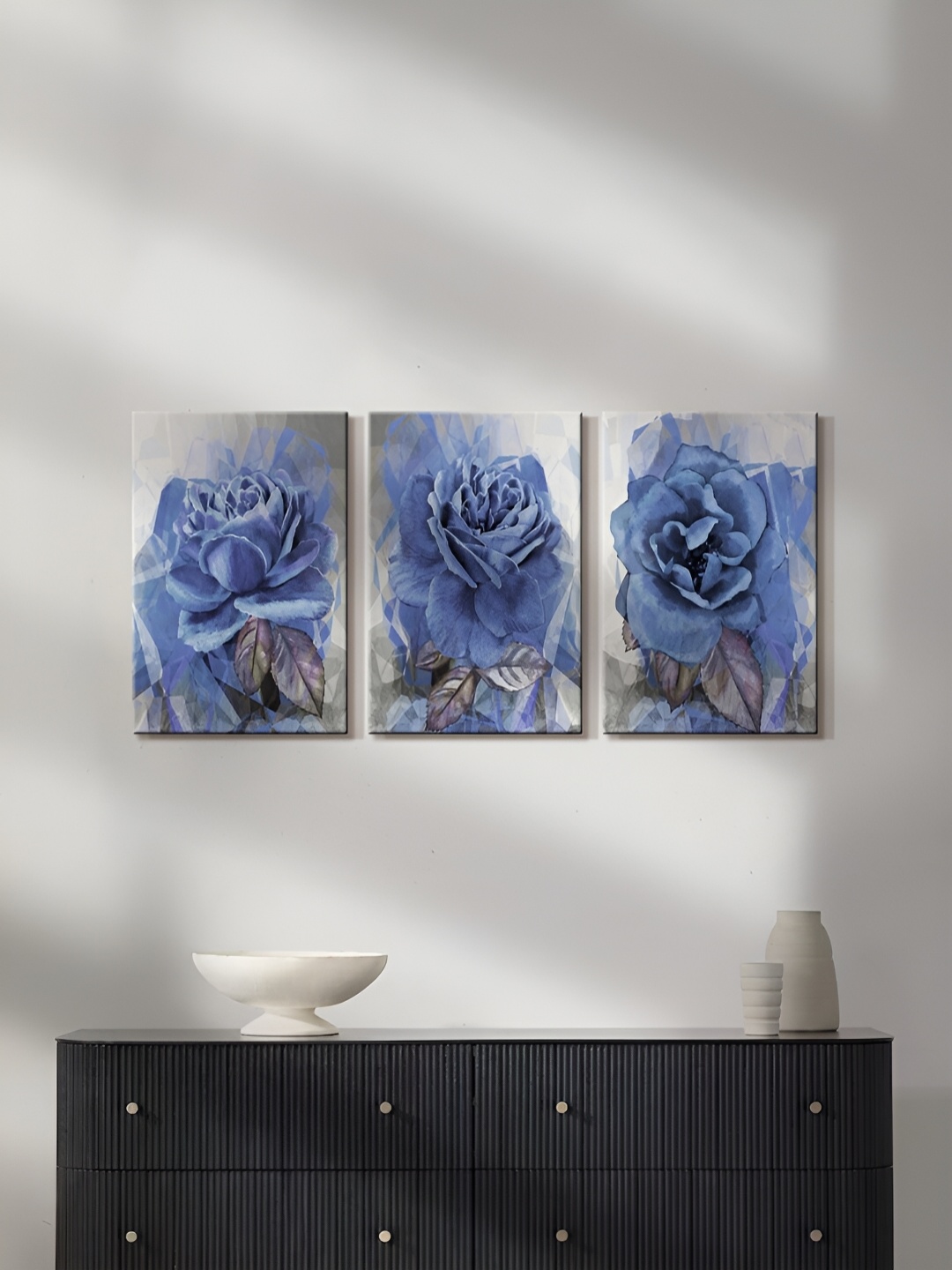 

999Store Grey & Blue 3 Piece Canvas Floral Painting Wall Arts