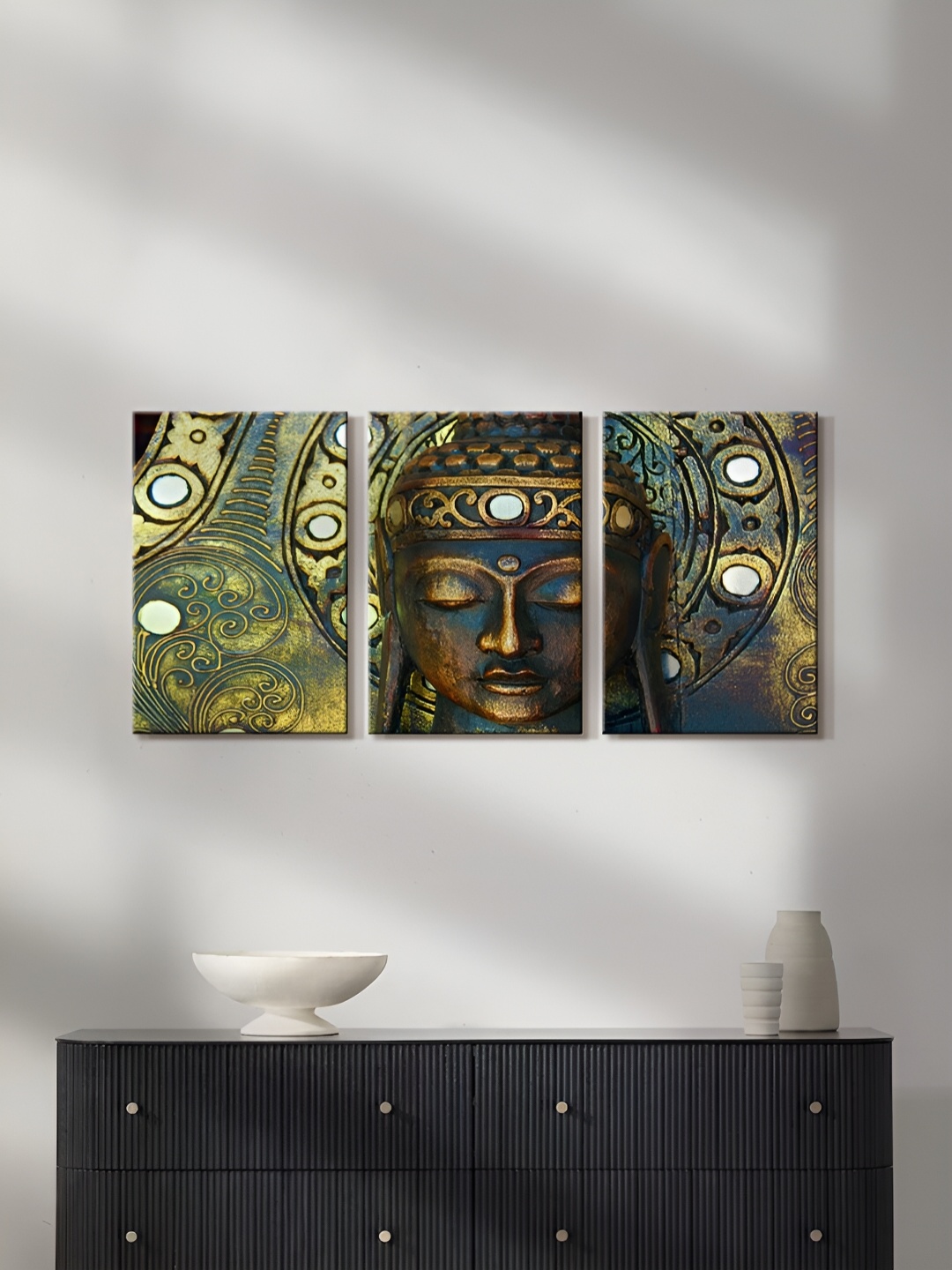 

999Store Gold-Toned & Blue 3 Pieces meditating Buddha Painting Wall Arts