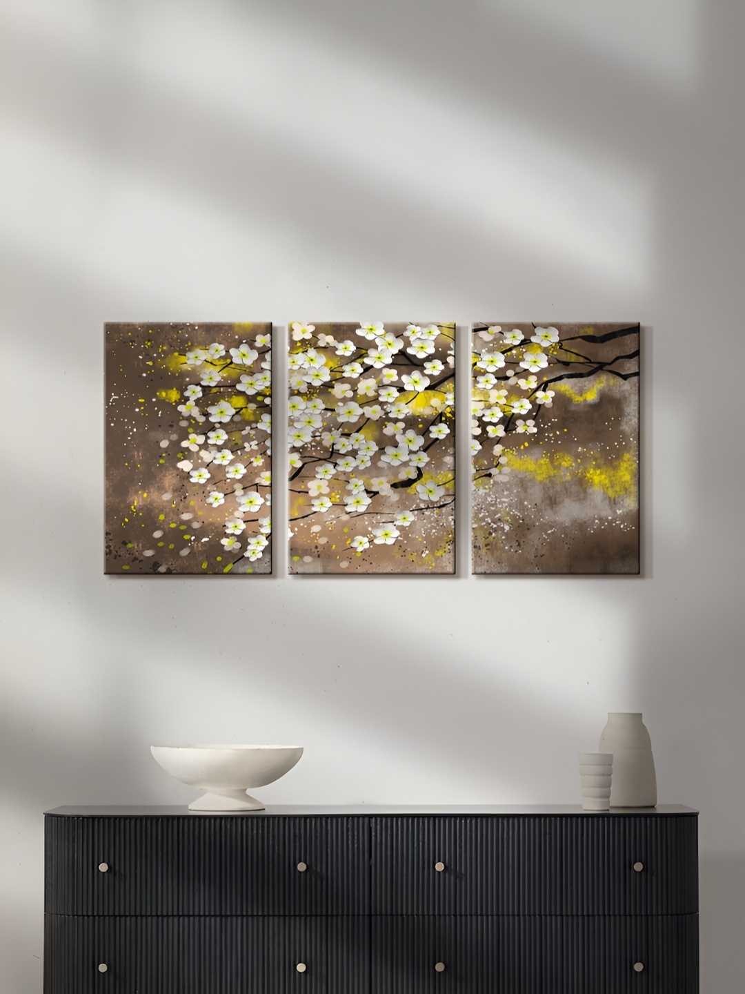 

999Store Brown & White 3 Pieces Canvas Floral and Botanical Paintings Wall Art