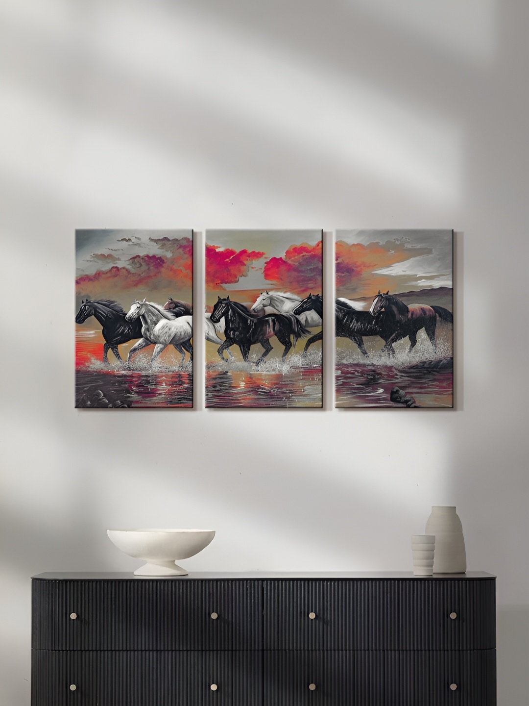 

999Store Grey & Black 3 Pieces Running Horses Canvas Painting Wall Arts