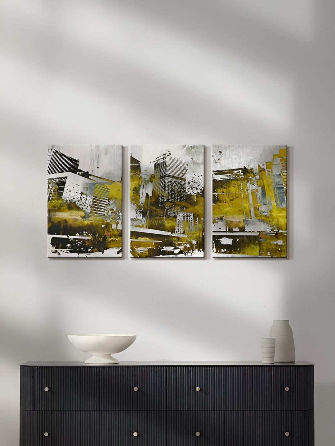 

999Store Grey & Yellow 3 Piece Canvas Wall Art Paintings