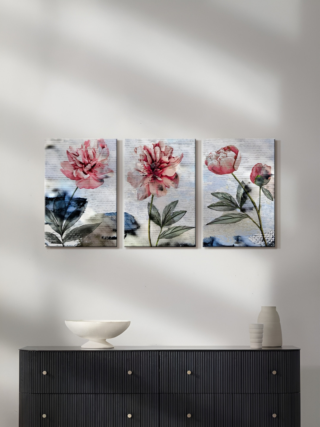

999Store Grey & Red 3 Piece Canvas Floral Painting Wall Arts