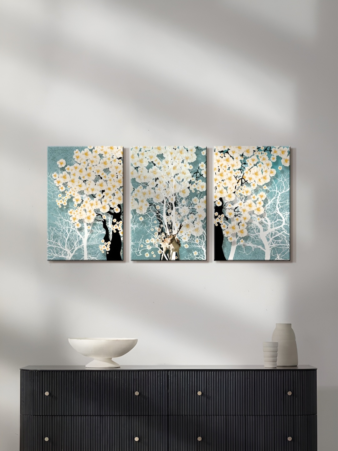 

999Store Blue & White 3 Pieces Canvas Floral and Botanical Paintings Wall Art