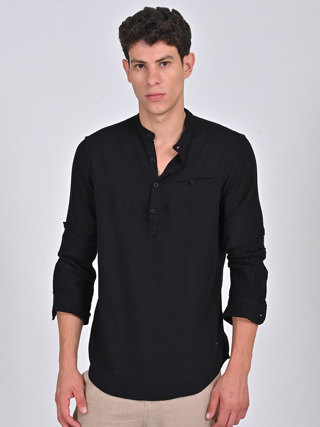 

POE Smart Slim Fit Mandarin Collar Opaque Casual Shirt, Black