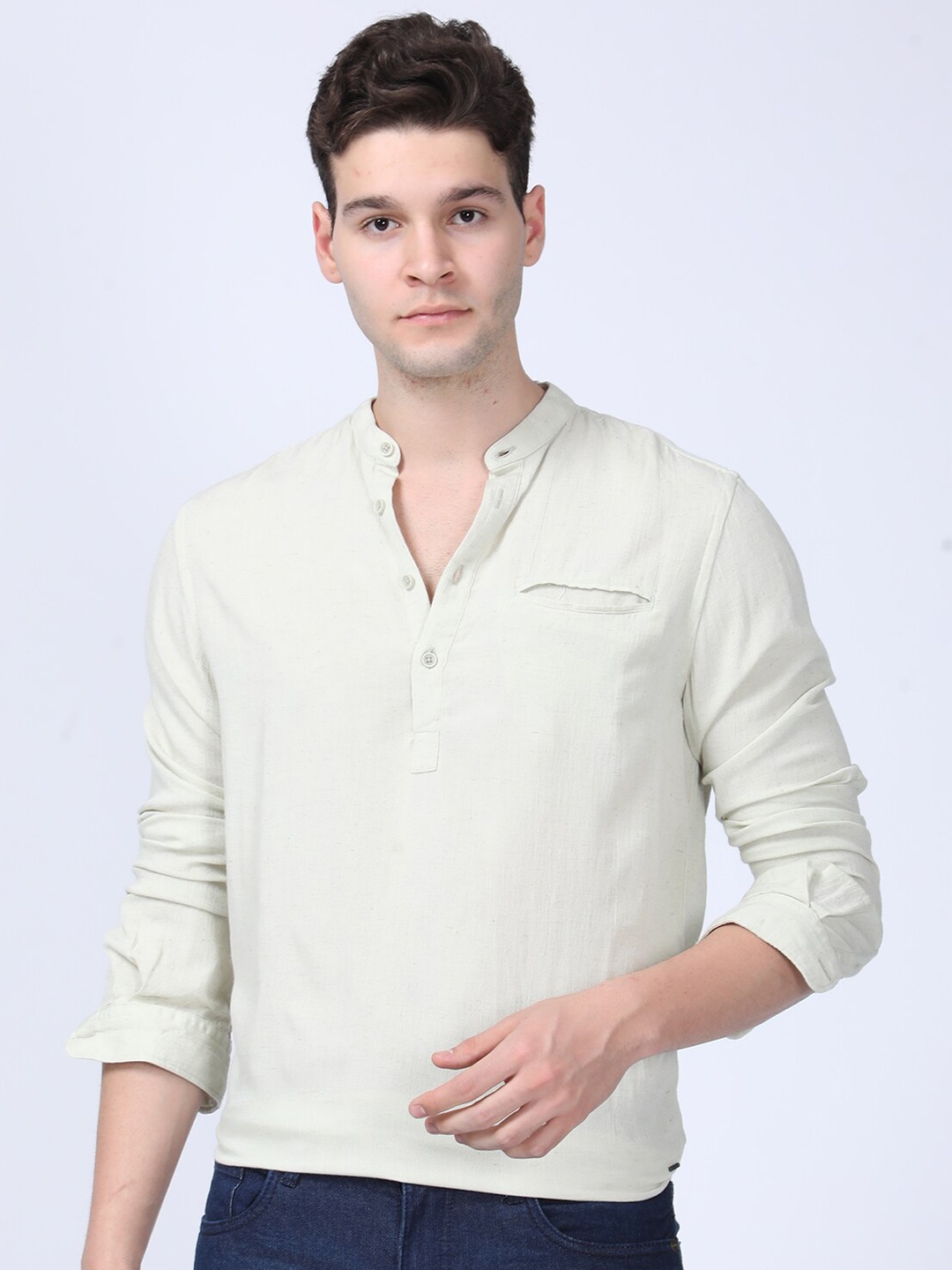 

POE Band Collar Long Sleeves Smart Slim Fit Casual Shirt, Green