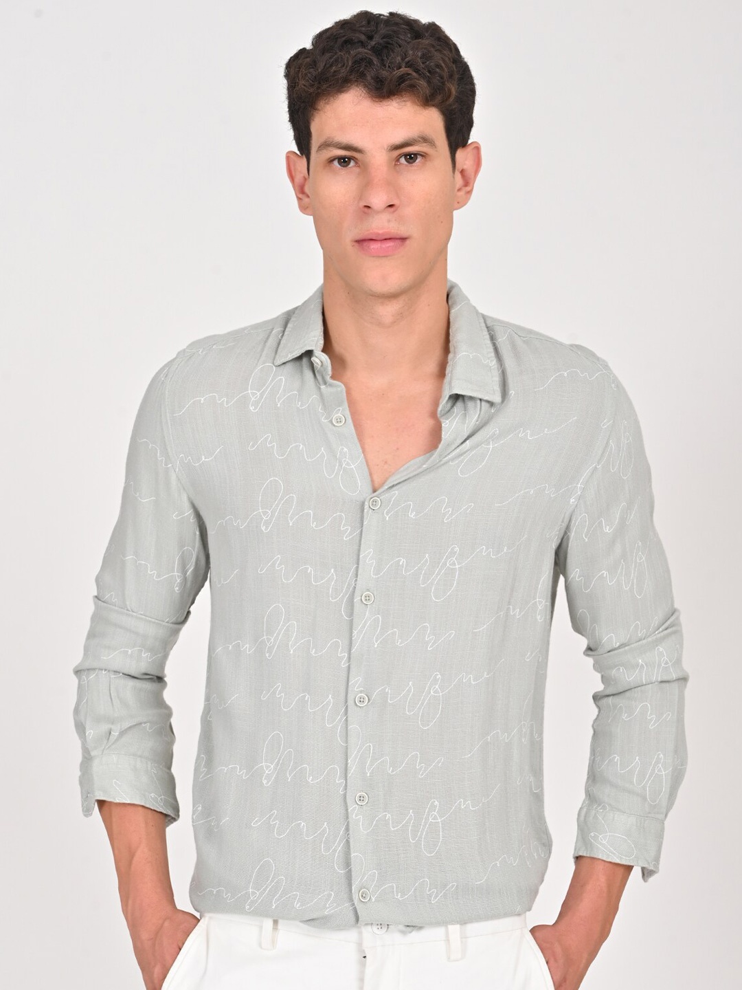 

POE Men Spread Collar Long Sleeves Smart Slim Fit Abstract Printed Casual Shirt, Green