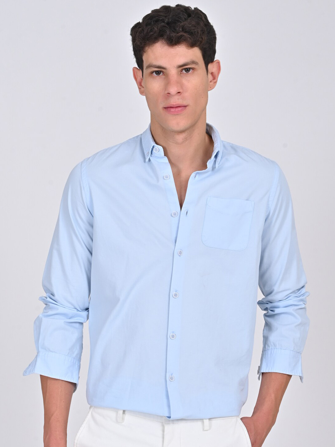 

POE Spread Collar Long Sleeves Smart Slim Fit Cotton Casual Shirt, Blue