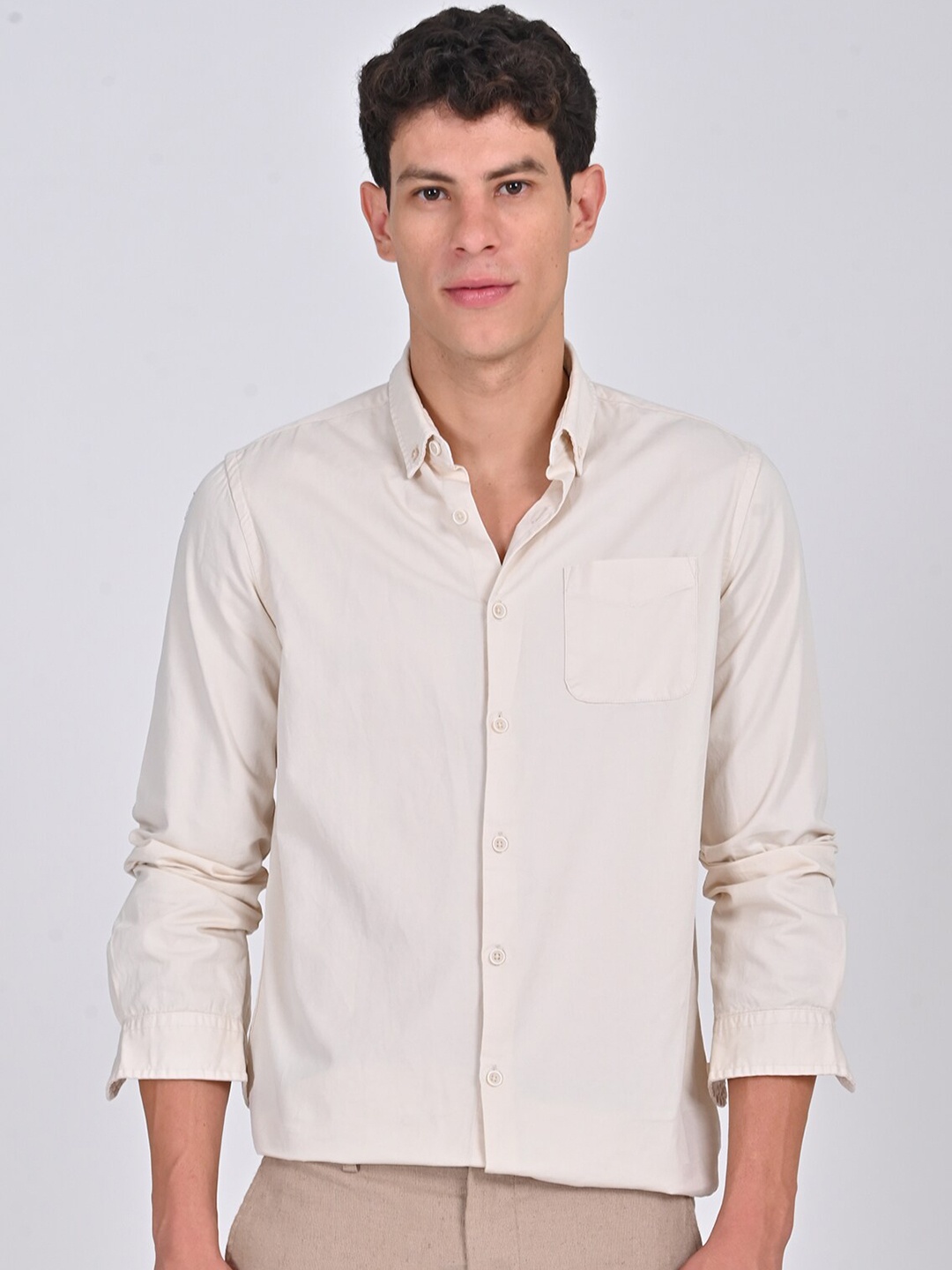 

POE Button Down Collar Long Sleeves Smart Slim Fit Cotton Casual Shirt, Off white