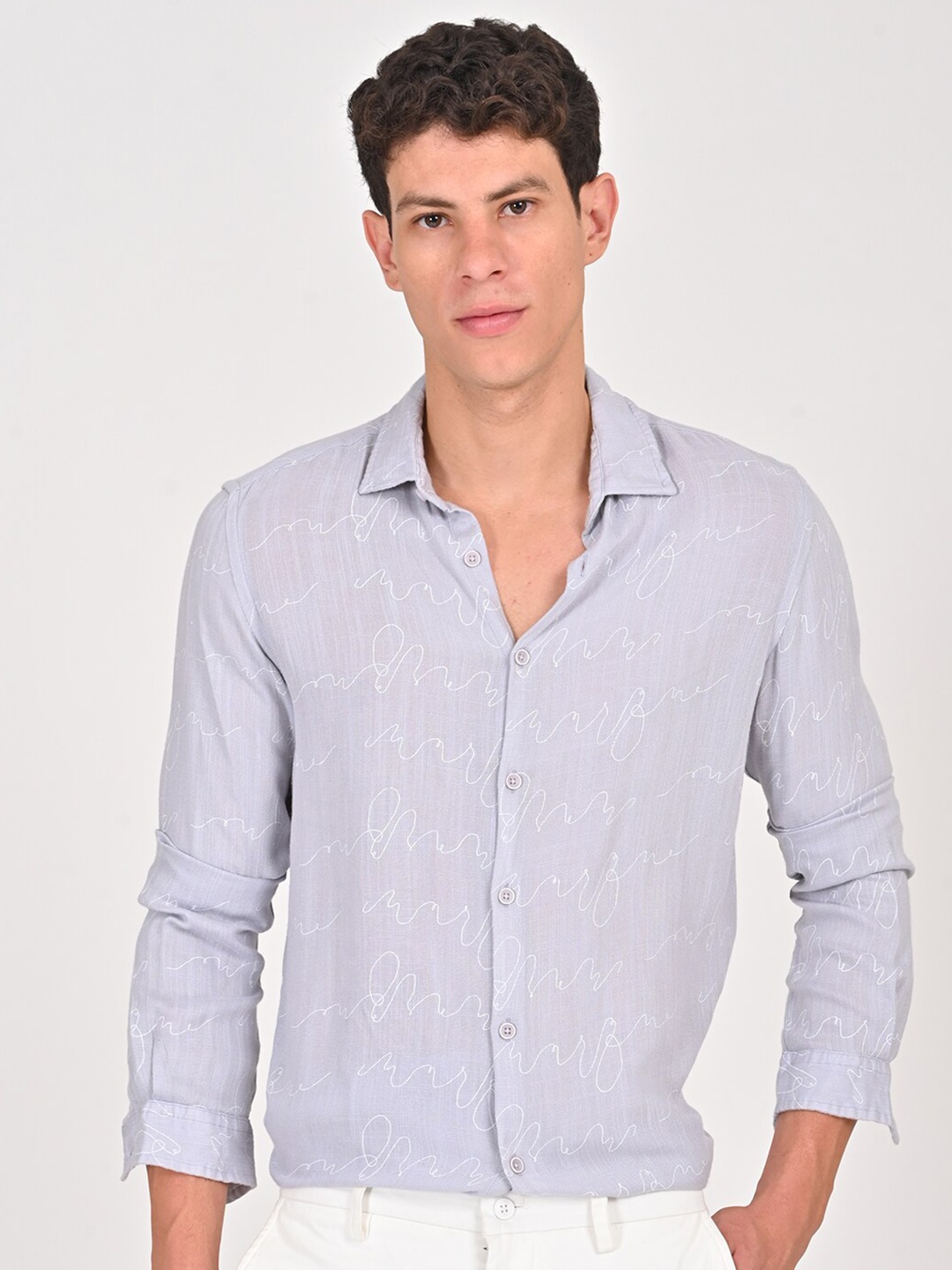 

POE Men Abstract Printed Mandarin Collar Smart Slim Fit Casual Shirt, Grey