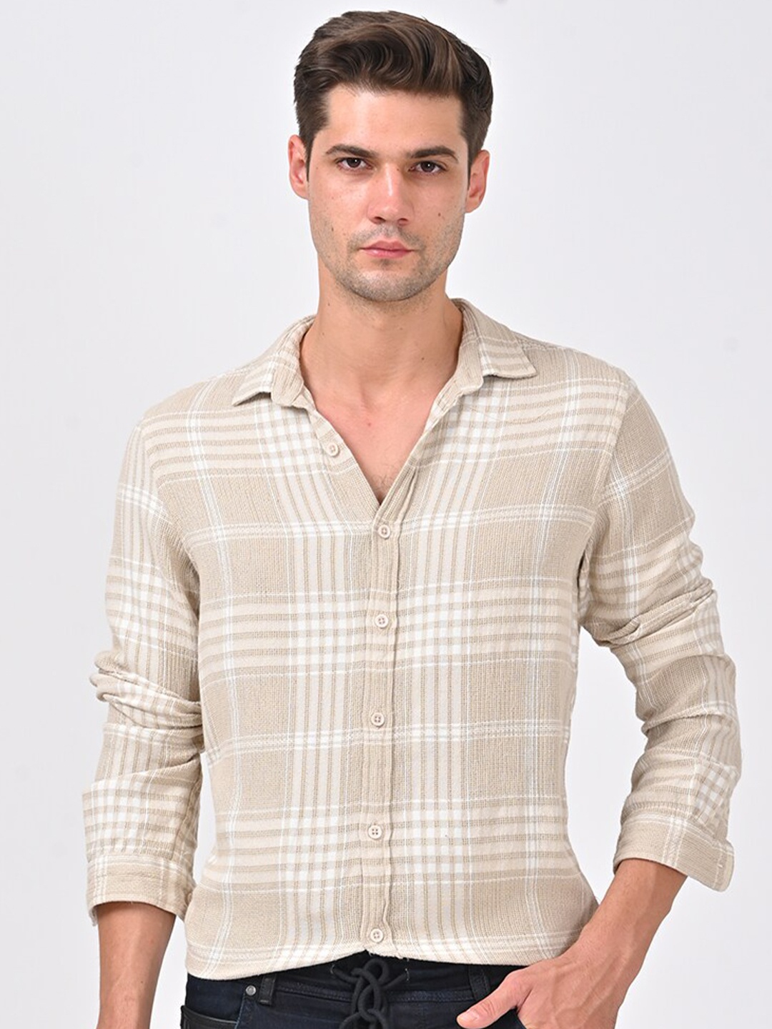 

POE Smart Spread Collar Slim Fit Opaque Checked Cotton Casual Shirt, Beige