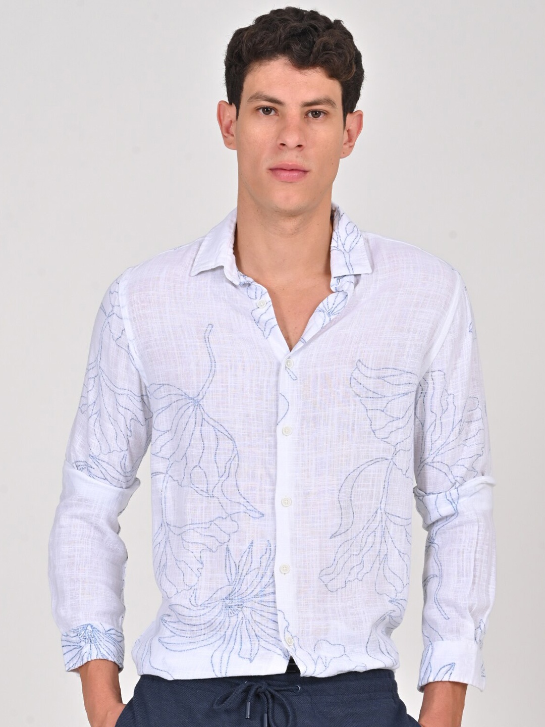 

POE Men Spread Collar Long Sleeves Smart Slim Fit Floral Printed Casual Shirt, Blue