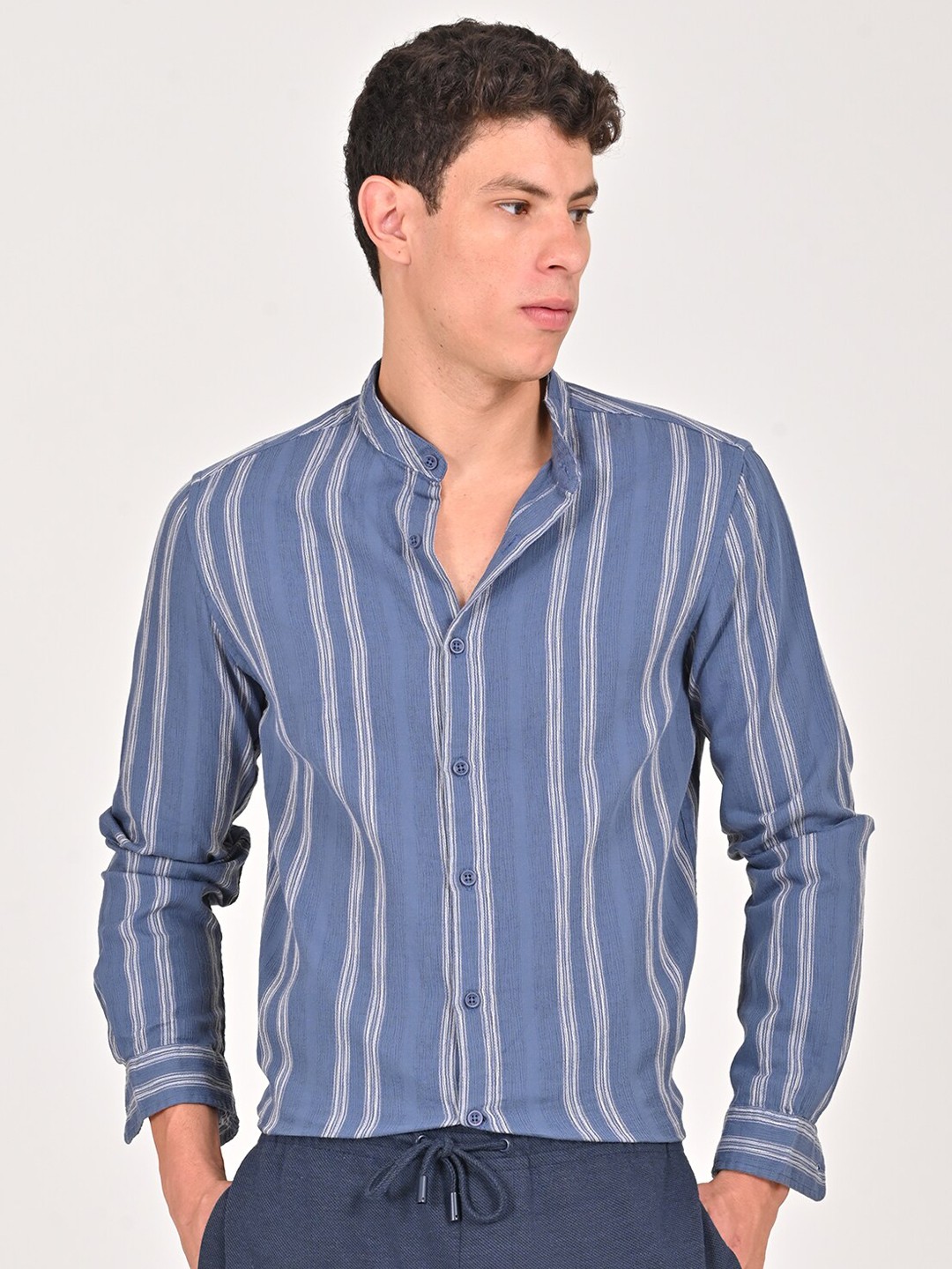 

POE Band Collar Long Sleeves Smart Slim Fit Cotton Striped Casual Shirt, Blue