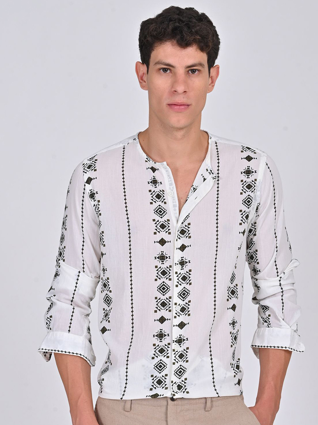 

POE Collarless Smart Slim Fit Geometric Printed Cotton Casual Shirt, Olive