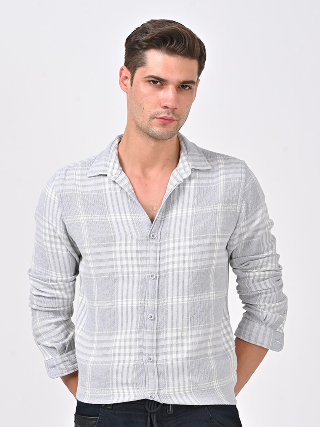 

POE Spread Collar Long Sleeves Smart Slim Fit Cotton Checked Casual Shirt, Grey