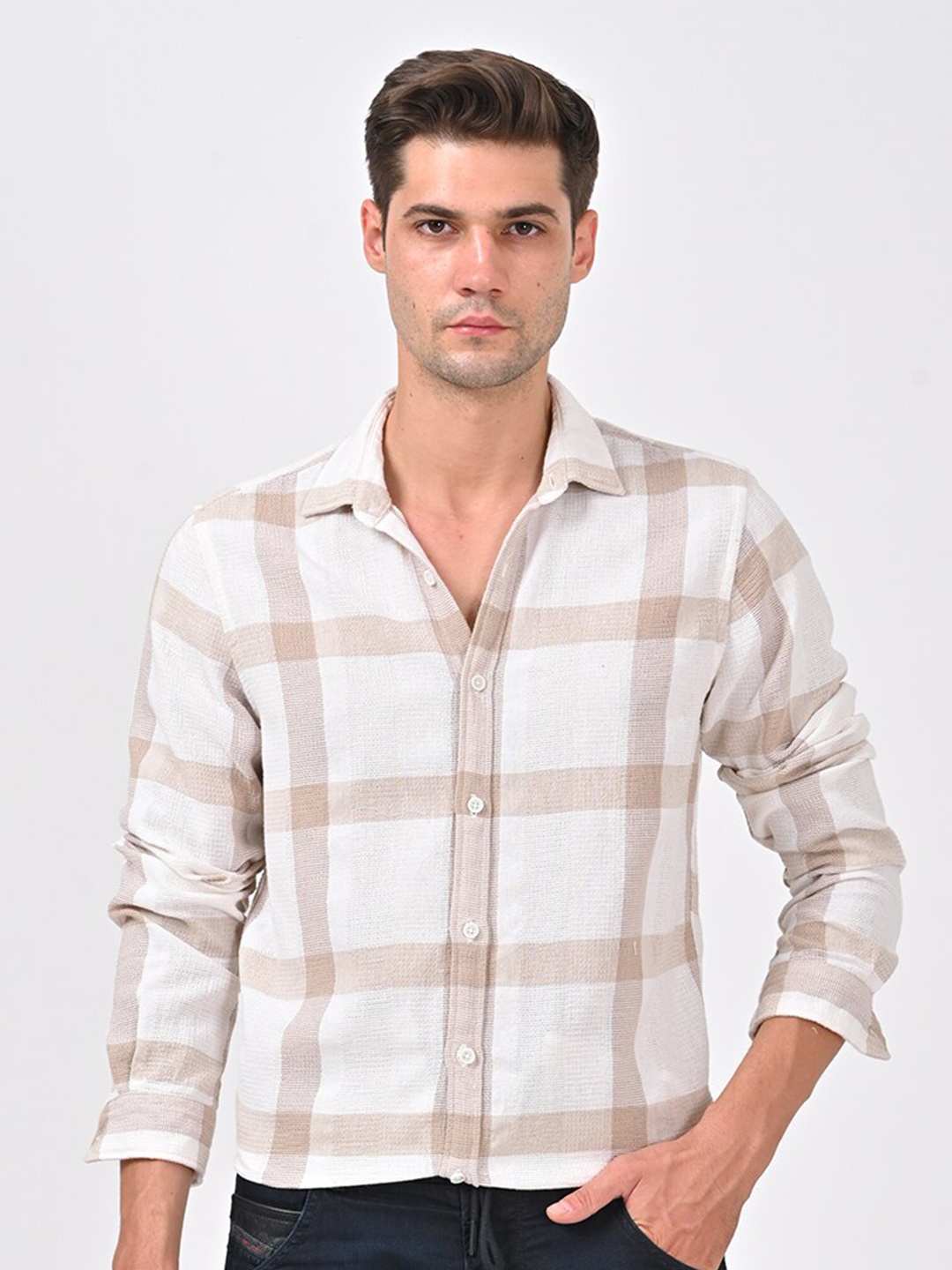 

POE Smart Slim Fit Checked Cotton Casual Shirt, Beige