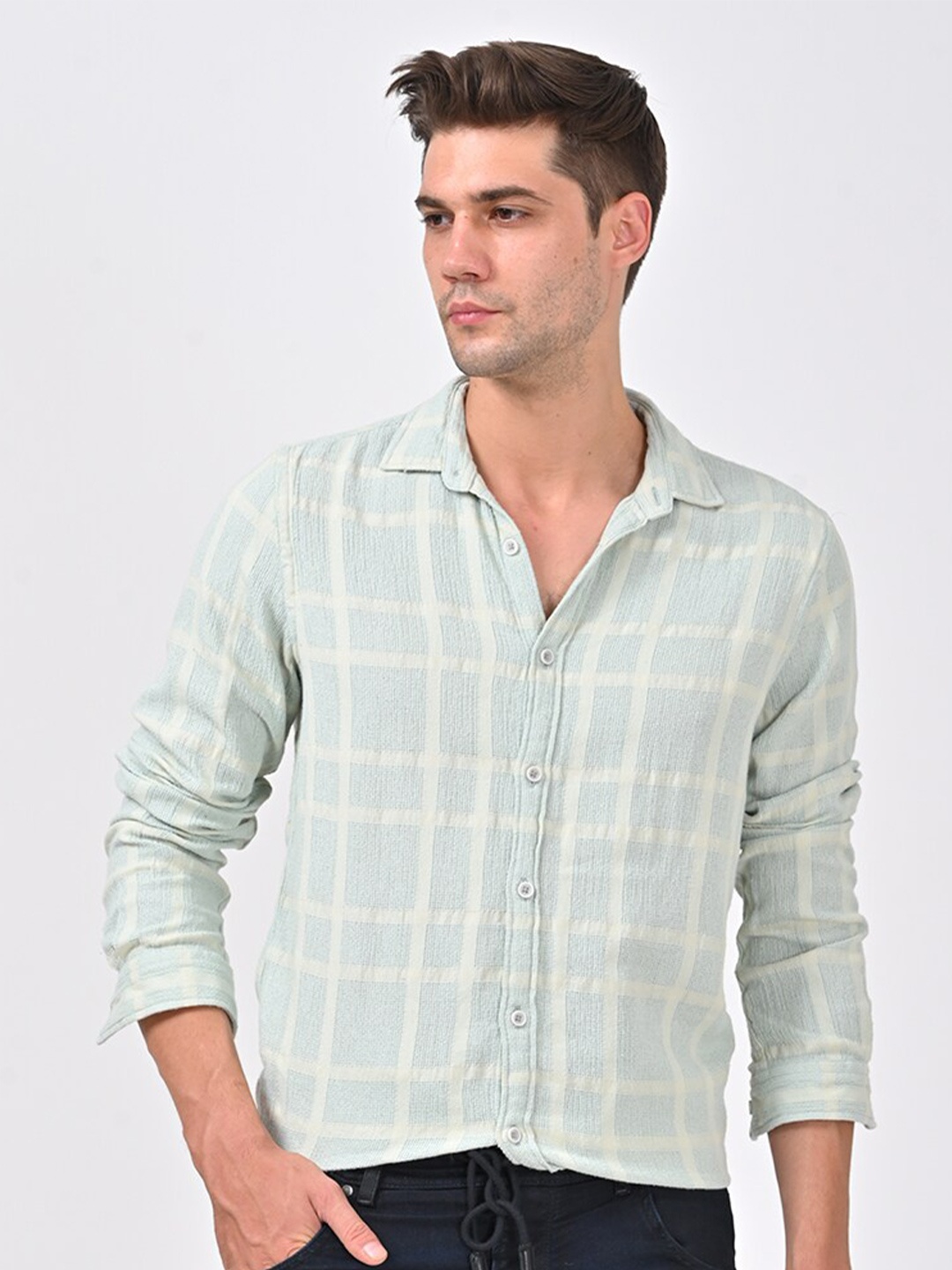 

POE Men Smart Slim Fit Opaque Checked Casual Shirt, Green