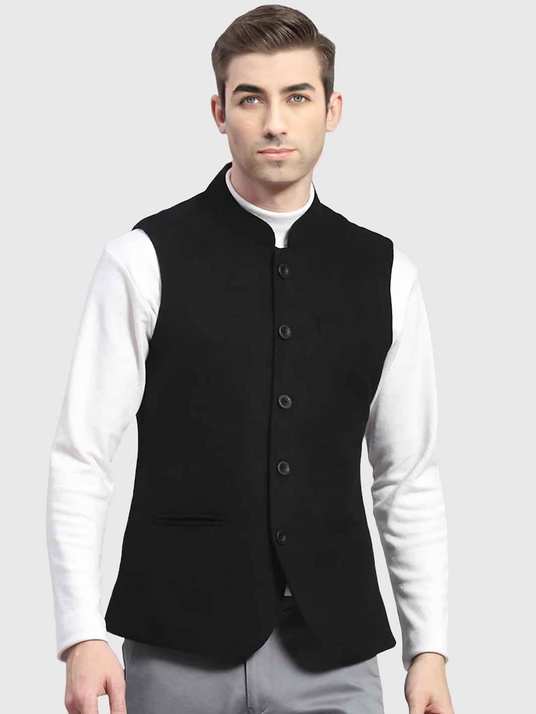 

BAESD Woven Mandarin Collar Nehru Jacket, Black