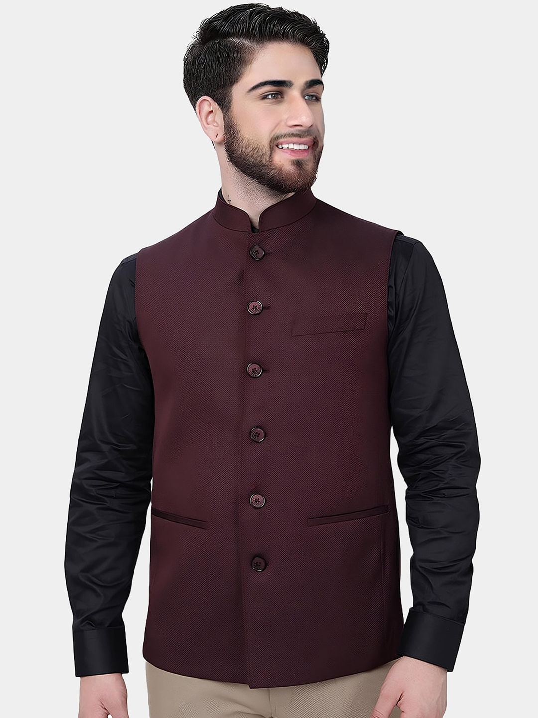 

BAESD Mandarin Collar Satin Waistcoat, Maroon