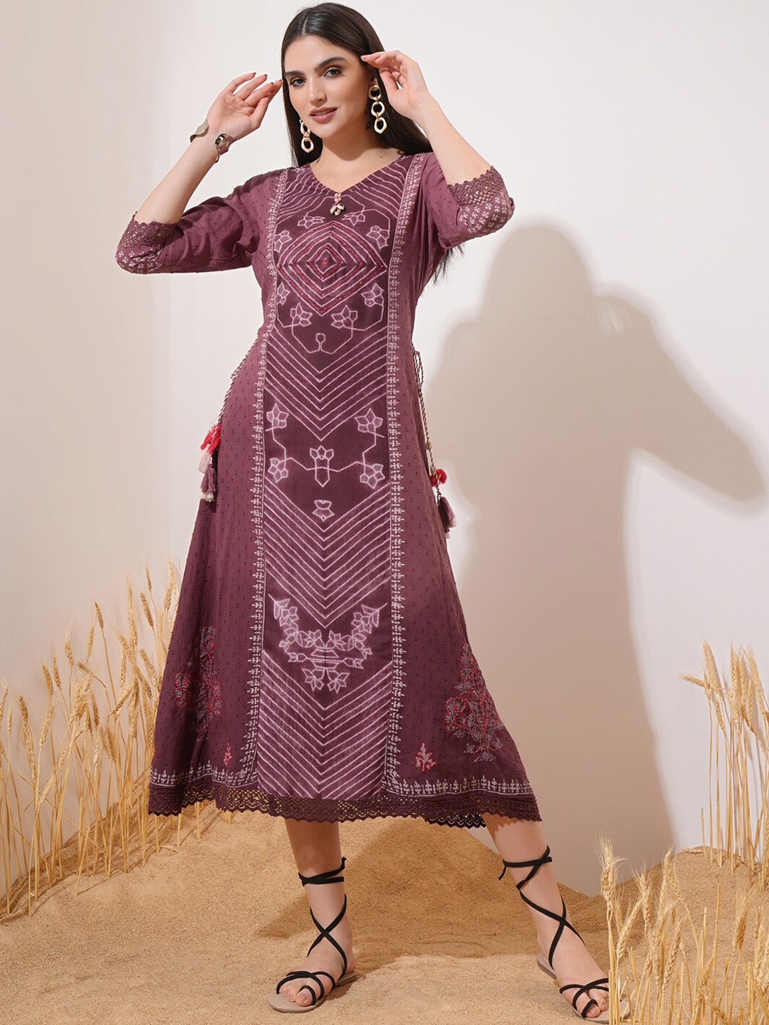 

Vishudh Maroon Floral Printed Cotton A-Line Midi Dress