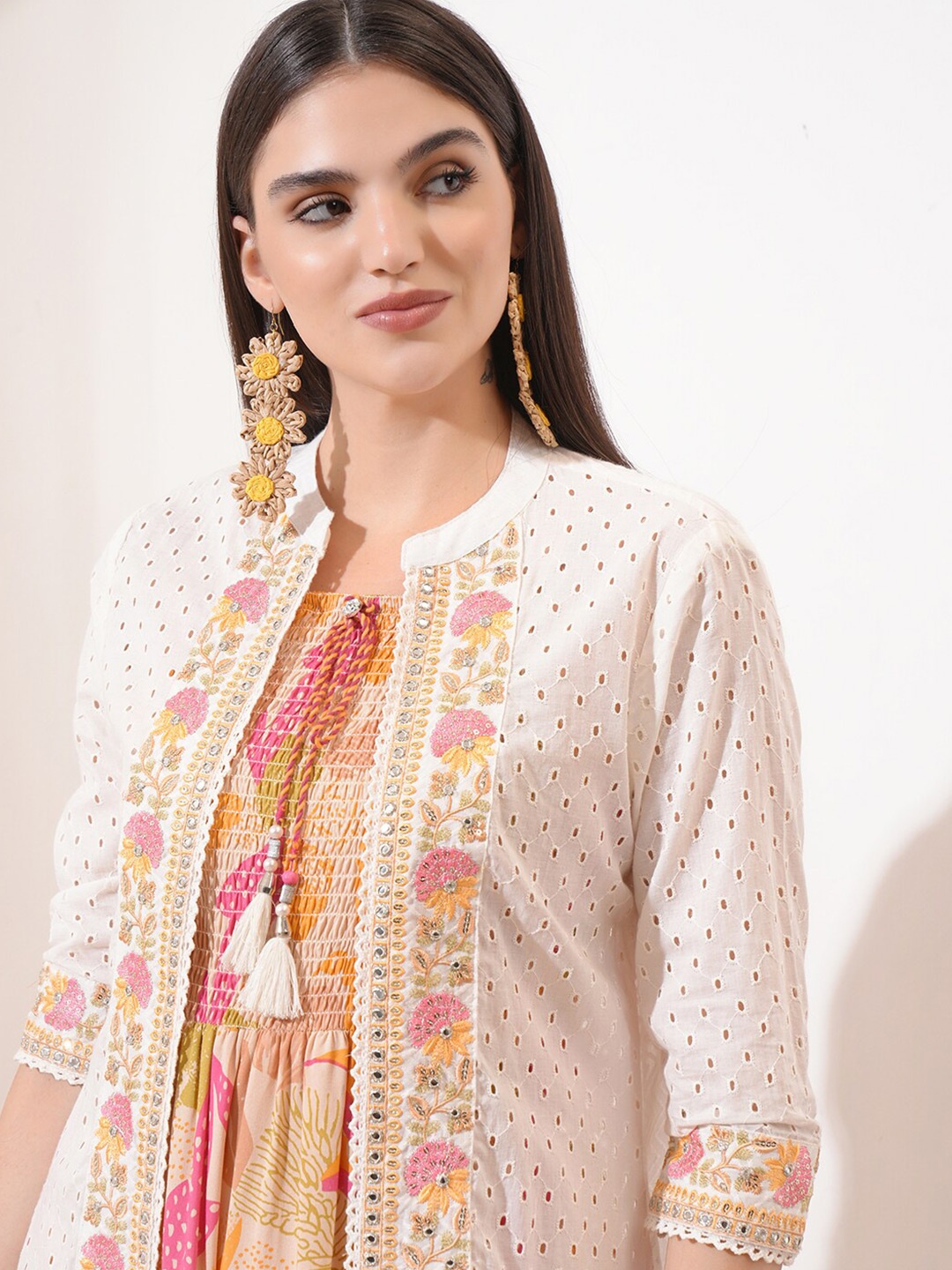 

Vishudh White Floral Print Cotton Fit & Flare Midi Dress With Waist