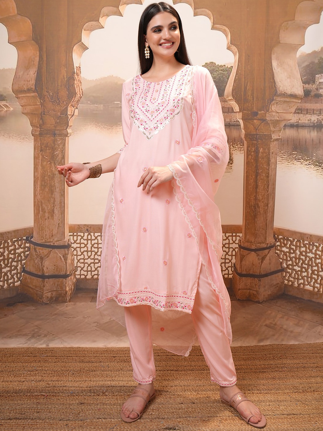 

Vishudh Pink Floral Embroidered Regular Kurta with Trouser & Dupatta
