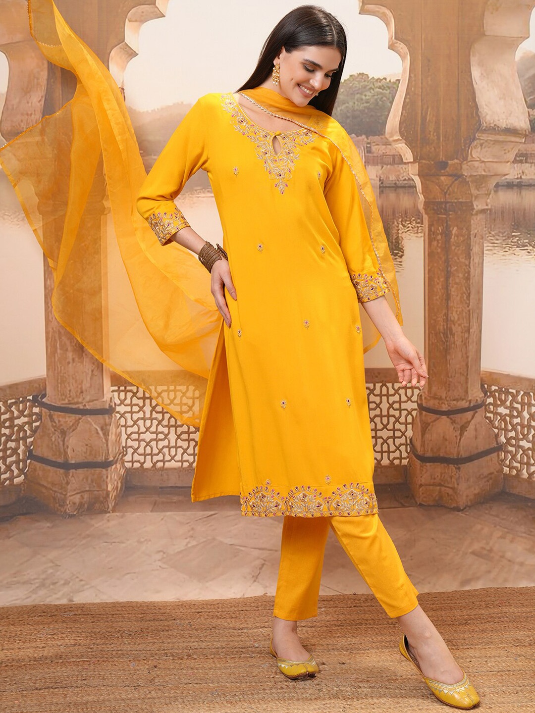 

Vishudh Mustard Yellow Embroidered Regular Kurta with Trouser & Dupatta