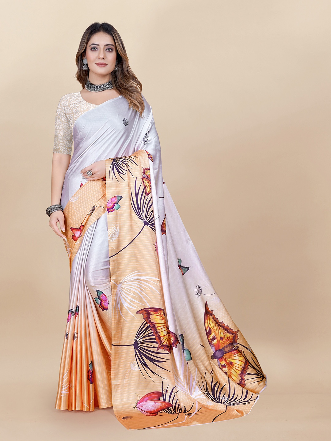 

KIMISHA Floral Printed Satin Saree, Orange