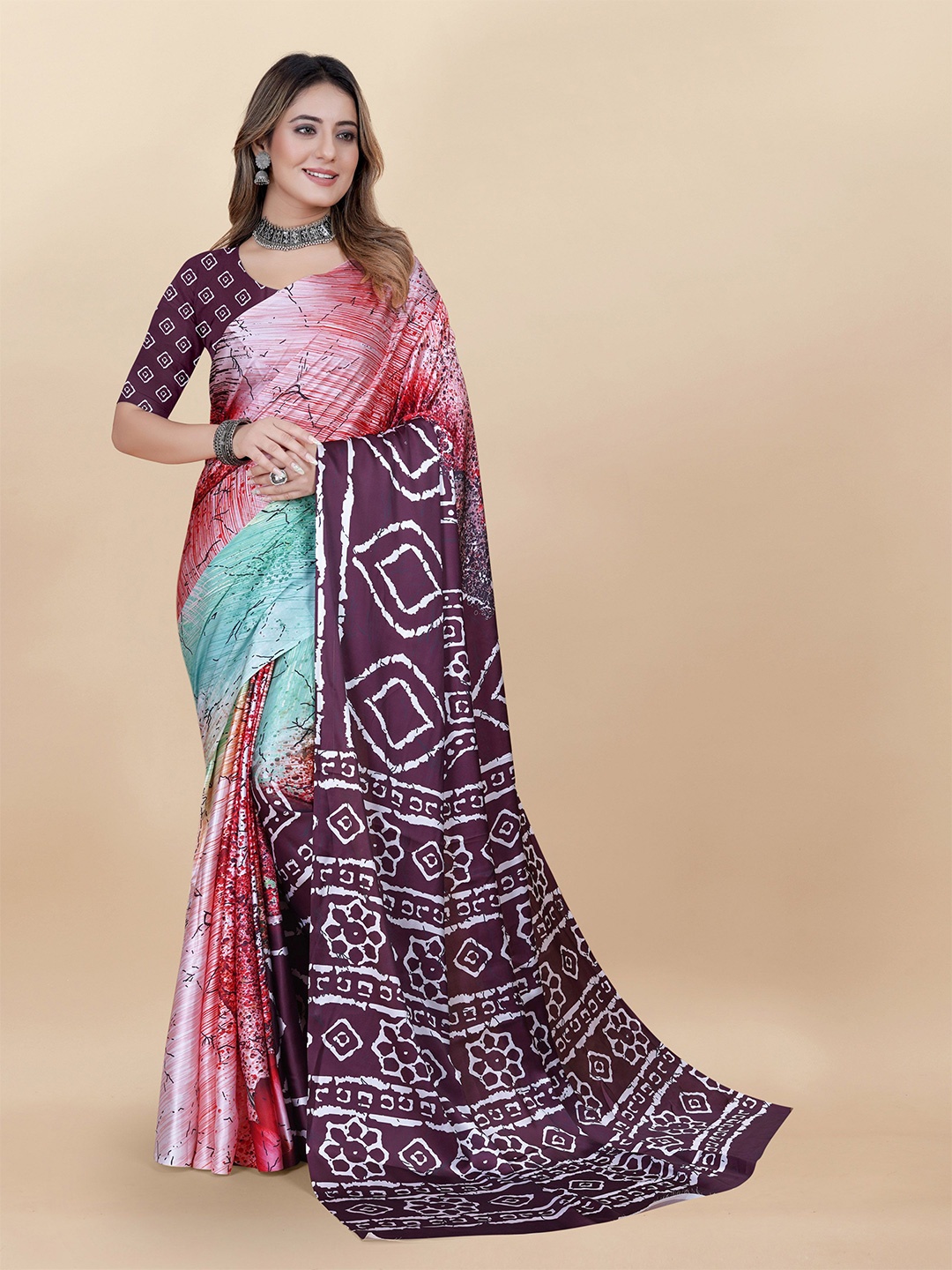 

KIMISHA Floral Printed Satin Saree, Purple