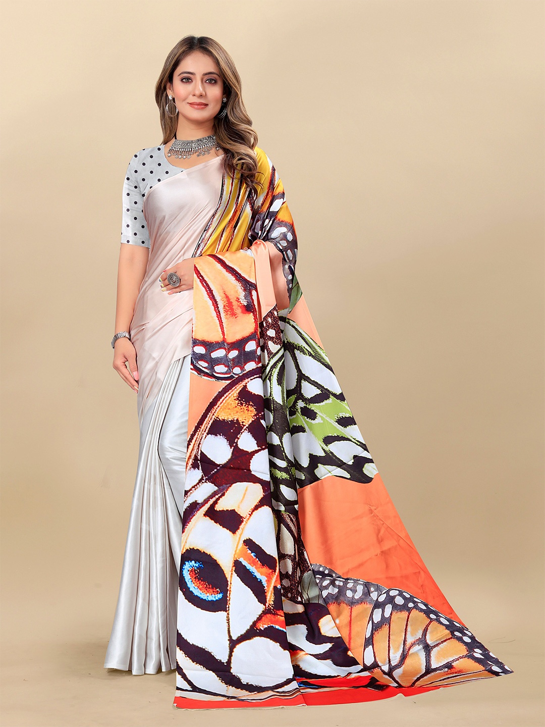 

KIMISHA Butterfly Printed Satin Saree, Silver